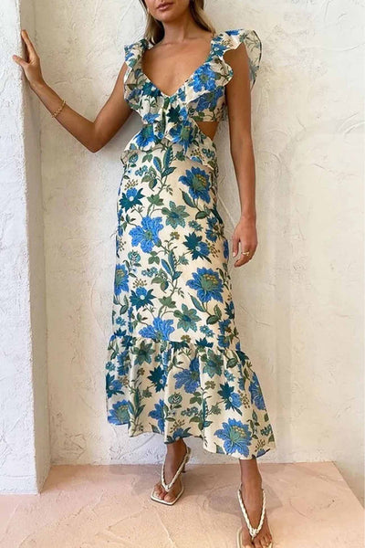 Alice | Ruffled Cutout Floral Lace-up Dress