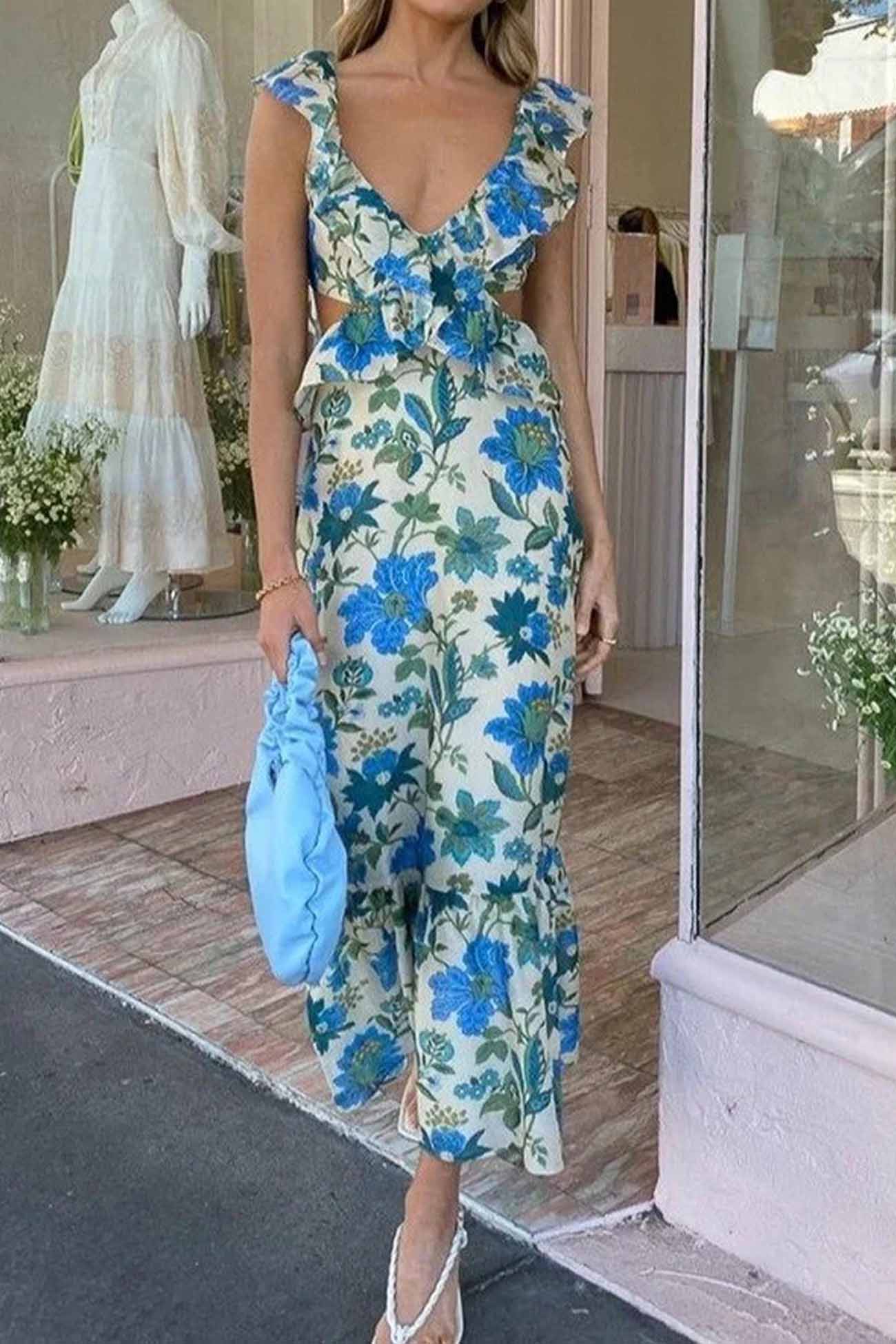 Alice | Ruffled Cutout Floral Lace-up Dress