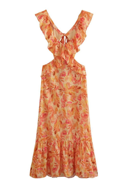 Alice | Ruffled Cutout Floral Lace-up Dress